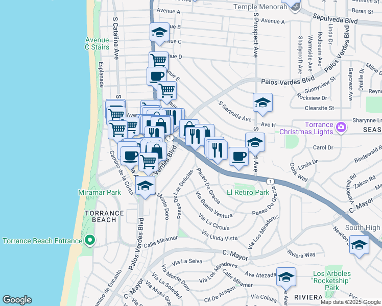 map of restaurants, bars, coffee shops, grocery stores, and more near 111 Camino de las Colinas in Redondo Beach