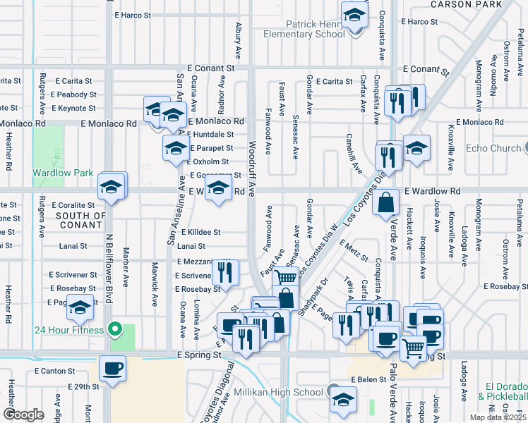 map of restaurants, bars, coffee shops, grocery stores, and more near 3327 Fanwood Avenue in Long Beach
