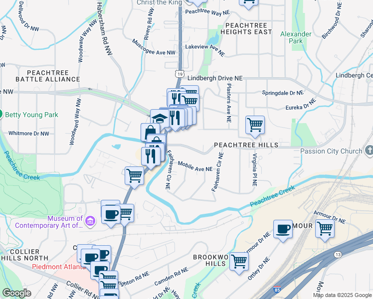 map of restaurants, bars, coffee shops, grocery stores, and more near 45 Peachtree Hills Avenue Northeast in Atlanta