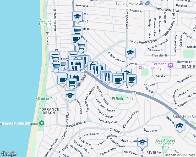 map of restaurants, bars, coffee shops, grocery stores, and more near 11050 Pacific Coast Highway in Redondo Beach