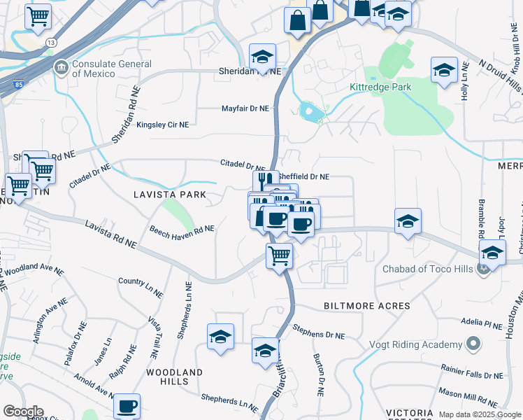 map of restaurants, bars, coffee shops, grocery stores, and more near 2190 Briarcliff Road Northeast in Atlanta