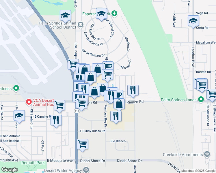 map of restaurants, bars, coffee shops, grocery stores, and more near 31562 San Luis Rey Dr in Cathedral City