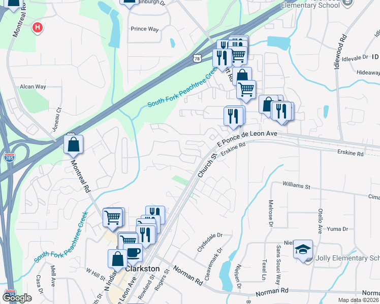map of restaurants, bars, coffee shops, grocery stores, and more near 4430 East Ponce de Leon Avenue in Clarkston