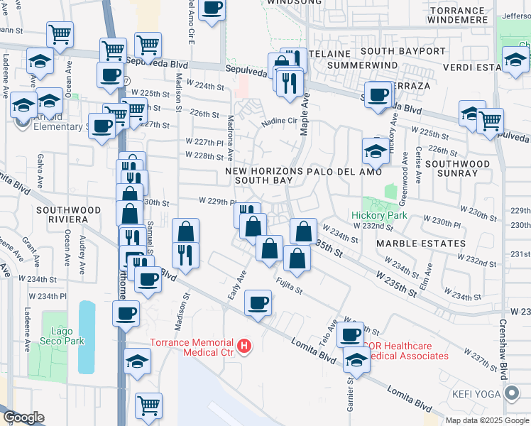 map of restaurants, bars, coffee shops, grocery stores, and more near 22907 Nadine Circle in Torrance