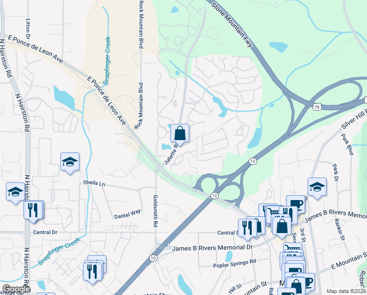 map of restaurants, bars, coffee shops, grocery stores, and more near 1311 Stone Mill Way in Stone Mountain
