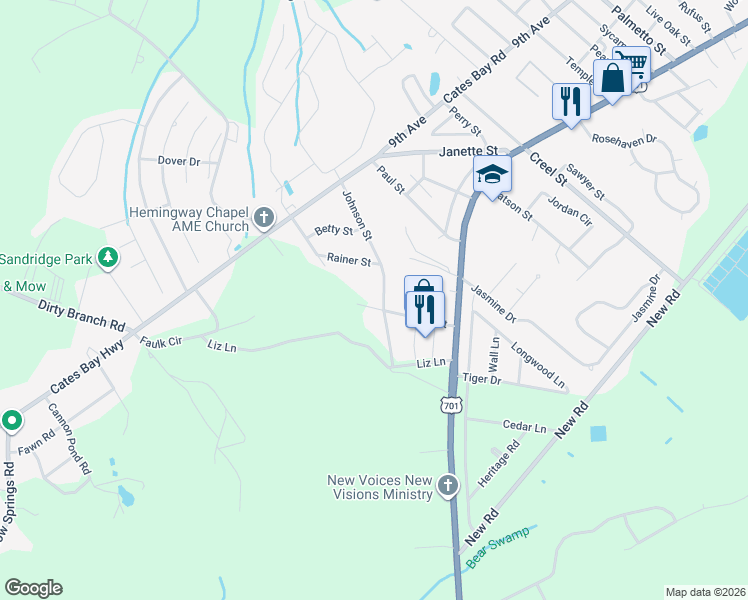 map of restaurants, bars, coffee shops, grocery stores, and more near 603 Johnson Street in Conway