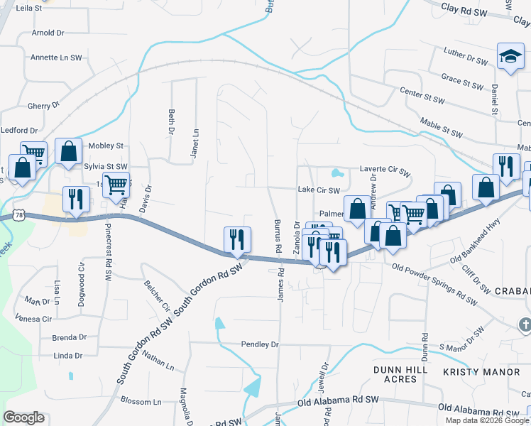 map of restaurants, bars, coffee shops, grocery stores, and more near 5647 Burrus Road in Austell