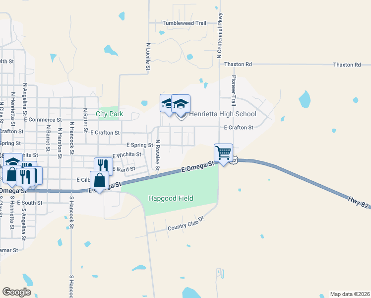 map of restaurants, bars, coffee shops, grocery stores, and more near 1701 East Spring Street in Henrietta