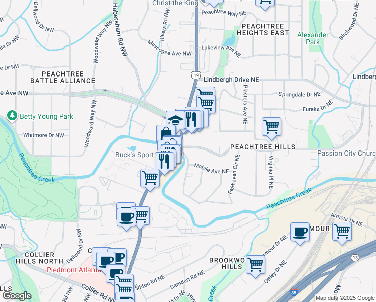 map of restaurants, bars, coffee shops, grocery stores, and more near 11 Peachtree Hills Avenue Northeast in Atlanta