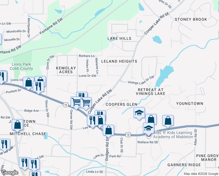 map of restaurants, bars, coffee shops, grocery stores, and more near 23 Cooper Lake Road Southwest in Mableton