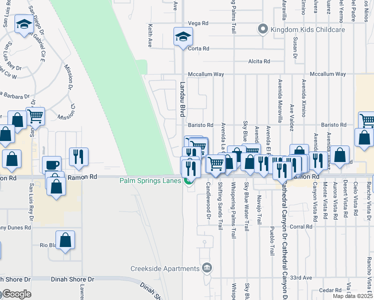 map of restaurants, bars, coffee shops, grocery stores, and more near 31750 Landau Boulevard in Cathedral City