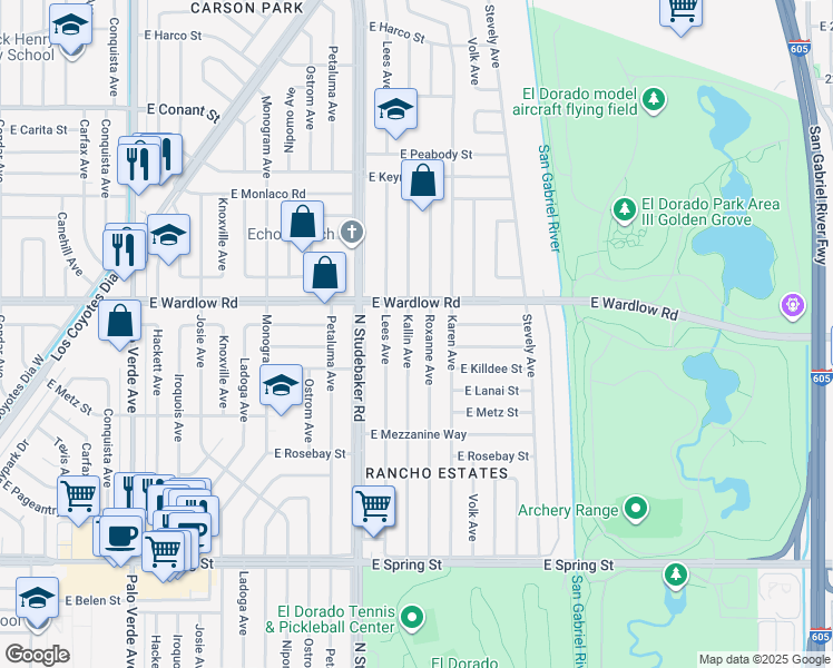 map of restaurants, bars, coffee shops, grocery stores, and more near 3360 Kallin Avenue in Long Beach