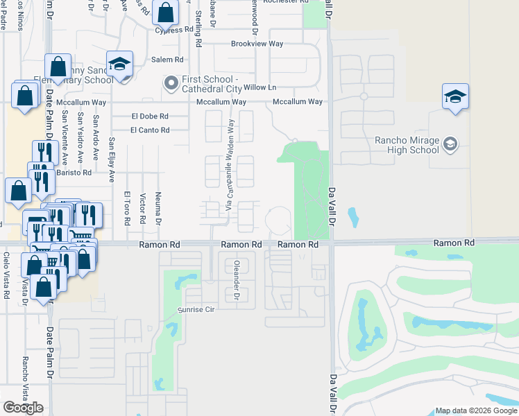 map of restaurants, bars, coffee shops, grocery stores, and more near 629 Via Firenze in Cathedral City