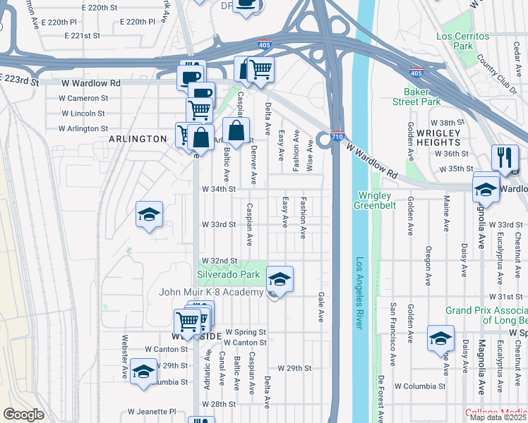 map of restaurants, bars, coffee shops, grocery stores, and more near 3333 Delta Avenue in Long Beach