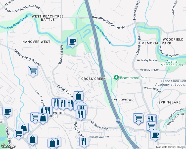 map of restaurants, bars, coffee shops, grocery stores, and more near 6 Vista Square Northwest in Atlanta
