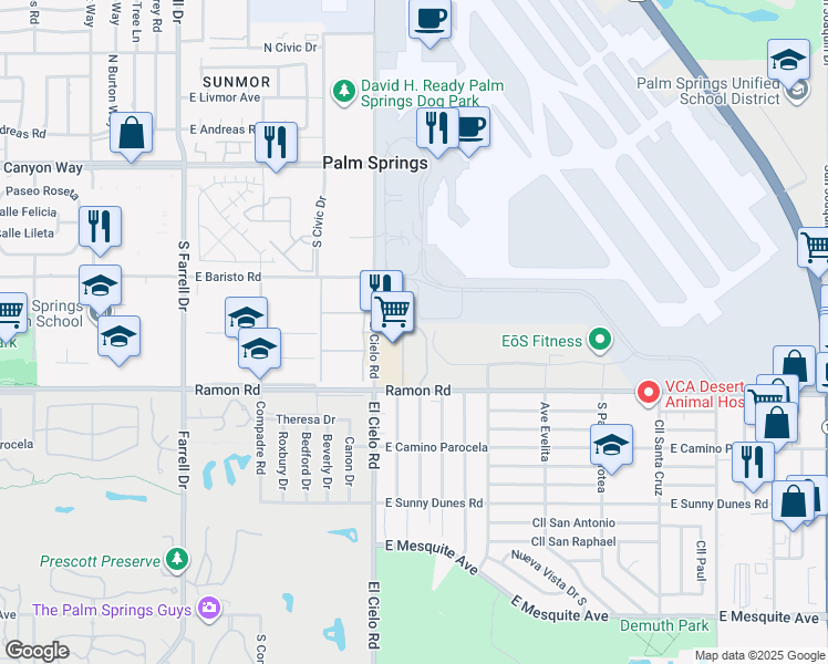 map of restaurants, bars, coffee shops, grocery stores, and more near 413 Bradshaw East Lane in Palm Springs