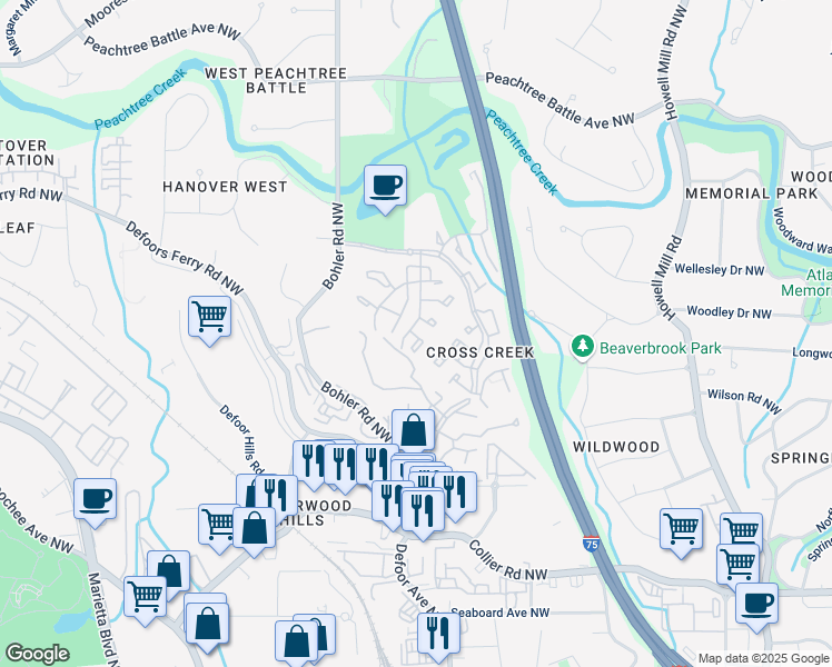 map of restaurants, bars, coffee shops, grocery stores, and more near 157 Maribeau Square Northwest in Atlanta