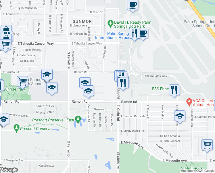 map of restaurants, bars, coffee shops, grocery stores, and more near 2999 East Via Vaquero Road in Palm Springs