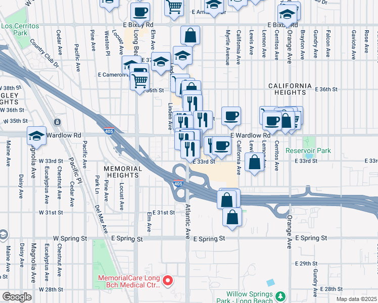 map of restaurants, bars, coffee shops, grocery stores, and more near 3302 Atlantic Avenue in Long Beach