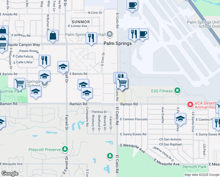 map of restaurants, bars, coffee shops, grocery stores, and more near 401 El Cielo Road in Palm Springs