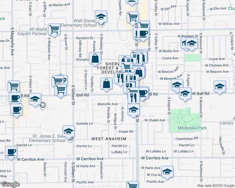map of restaurants, bars, coffee shops, grocery stores, and more near in Anaheim