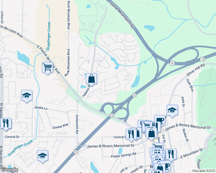 map of restaurants, bars, coffee shops, grocery stores, and more near 1290 Taylor Way in Stone Mountain