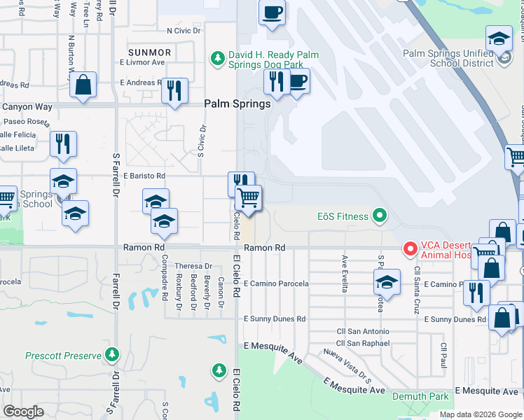 map of restaurants, bars, coffee shops, grocery stores, and more near 413 Bradshaw East Lane in Palm Springs