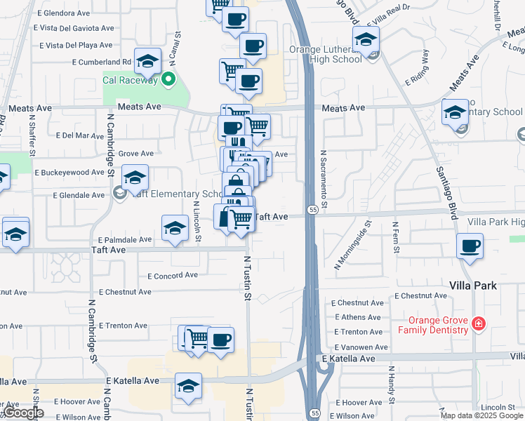 map of restaurants, bars, coffee shops, grocery stores, and more near 1838 North Tustin Street in Orange