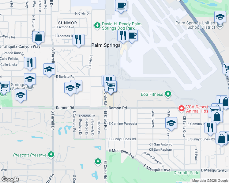 map of restaurants, bars, coffee shops, grocery stores, and more near 440 El Cielo Road in Palm Springs