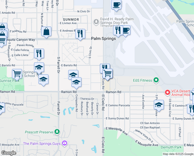 map of restaurants, bars, coffee shops, grocery stores, and more near 401 El Cielo Road in Palm Springs