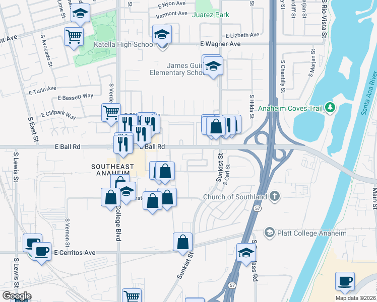 map of restaurants, bars, coffee shops, grocery stores, and more near 1221 South Athena Way in Anaheim
