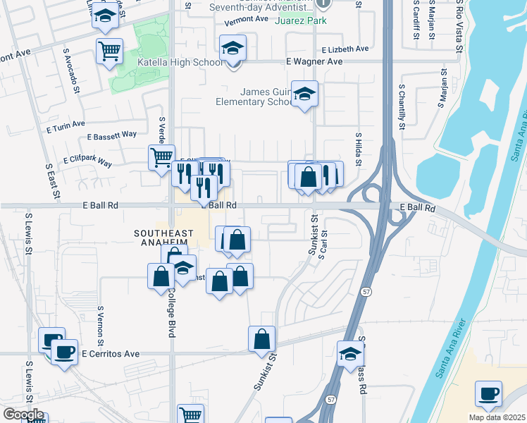 map of restaurants, bars, coffee shops, grocery stores, and more near 1221 South Athena Way in Anaheim