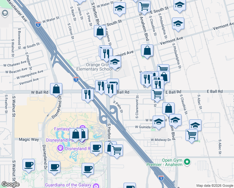 map of restaurants, bars, coffee shops, grocery stores, and more near 414 West Ball Road in Anaheim