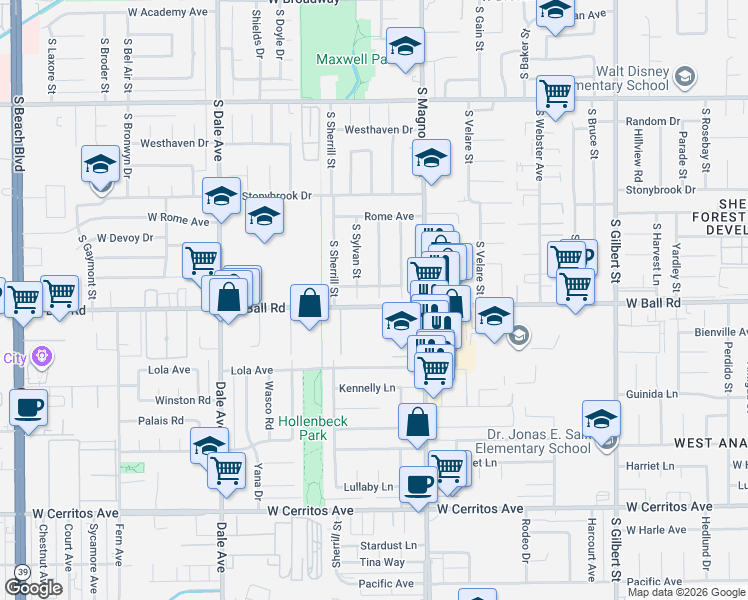 map of restaurants, bars, coffee shops, grocery stores, and more near 931 South Verona Street in Anaheim