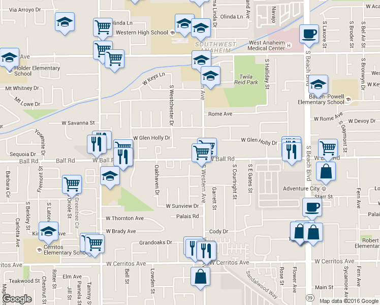 map of restaurants, bars, coffee shops, grocery stores, and more near 3229 West Ball Road in Anaheim