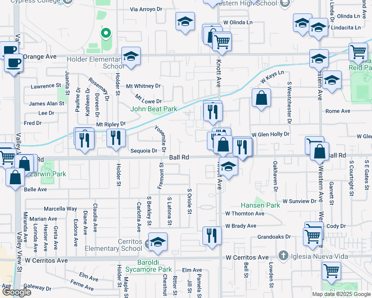 map of restaurants, bars, coffee shops, grocery stores, and more near 3623 Ball Road in Buena Park