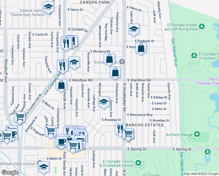 map of restaurants, bars, coffee shops, grocery stores, and more near 6749 East Premium Street in Long Beach