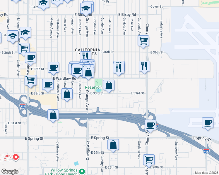 map of restaurants, bars, coffee shops, grocery stores, and more near 3316 Falcon Avenue in Signal Hill