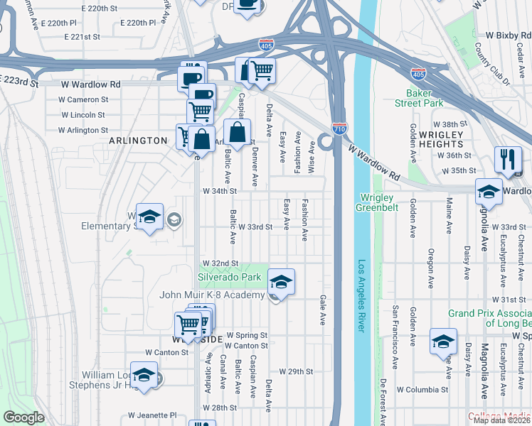 map of restaurants, bars, coffee shops, grocery stores, and more near 3320 Caspian Avenue in Long Beach