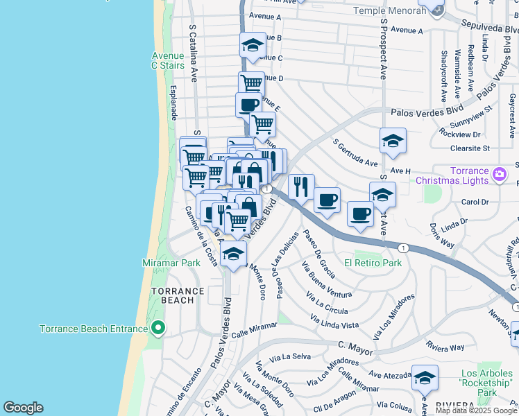 map of restaurants, bars, coffee shops, grocery stores, and more near 131 Palos Verdes Boulevard in Redondo Beach