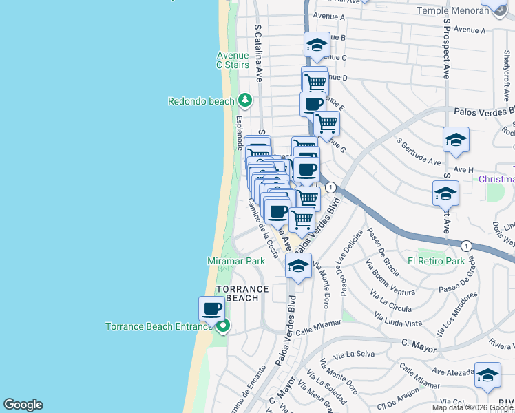 map of restaurants, bars, coffee shops, grocery stores, and more near 1721 Camino de la Costa in Redondo Beach