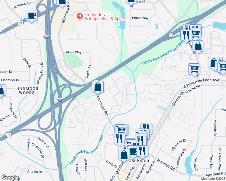 map of restaurants, bars, coffee shops, grocery stores, and more near 3543 Clarkston Industrial Boulevard in Clarkston