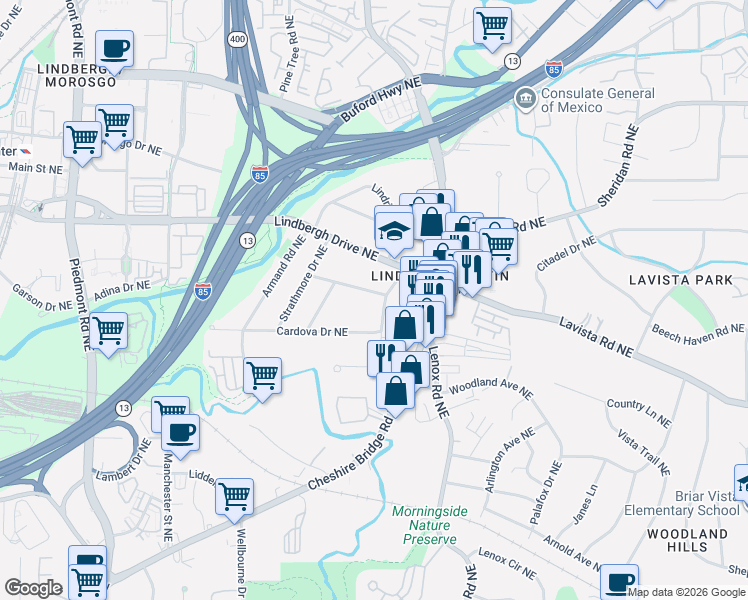 map of restaurants, bars, coffee shops, grocery stores, and more near 2274 Melante Drive Northeast in Atlanta