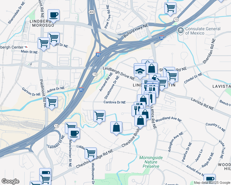 map of restaurants, bars, coffee shops, grocery stores, and more near 2298 Pembrook Place Northeast in Atlanta