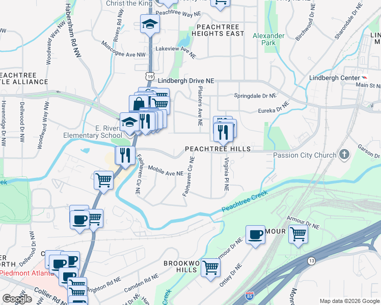 map of restaurants, bars, coffee shops, grocery stores, and more near 129 Peachtree Hills Avenue Northeast in Atlanta