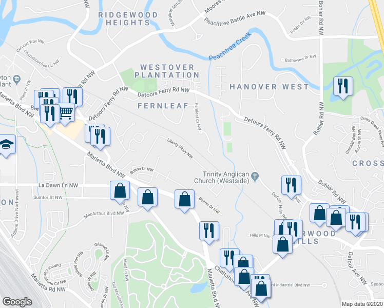 map of restaurants, bars, coffee shops, grocery stores, and more near 1477 Liberty Parkway Northwest in Atlanta