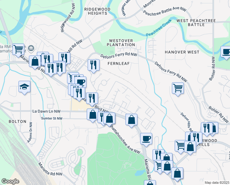 map of restaurants, bars, coffee shops, grocery stores, and more near 2095 Liberty Court Northwest in Atlanta