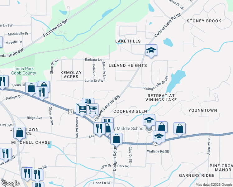 map of restaurants, bars, coffee shops, grocery stores, and more near 23 Cooper Lake Road Southwest in Mableton