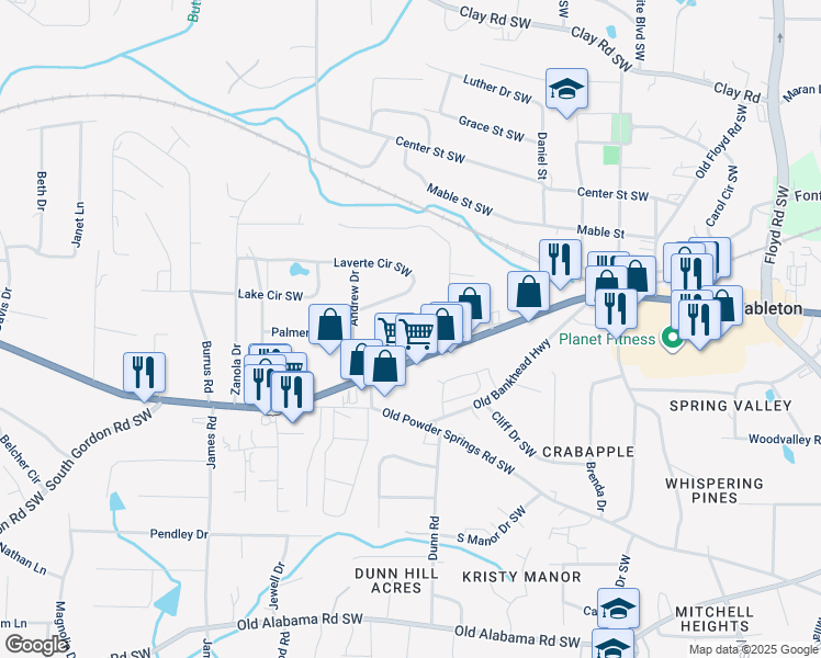 map of restaurants, bars, coffee shops, grocery stores, and more near 1196 Veterans Memorial Highway Southwest in Mableton
