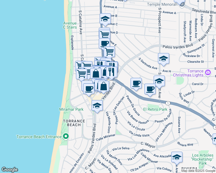 map of restaurants, bars, coffee shops, grocery stores, and more near 131 Palos Verdes Boulevard in Redondo Beach